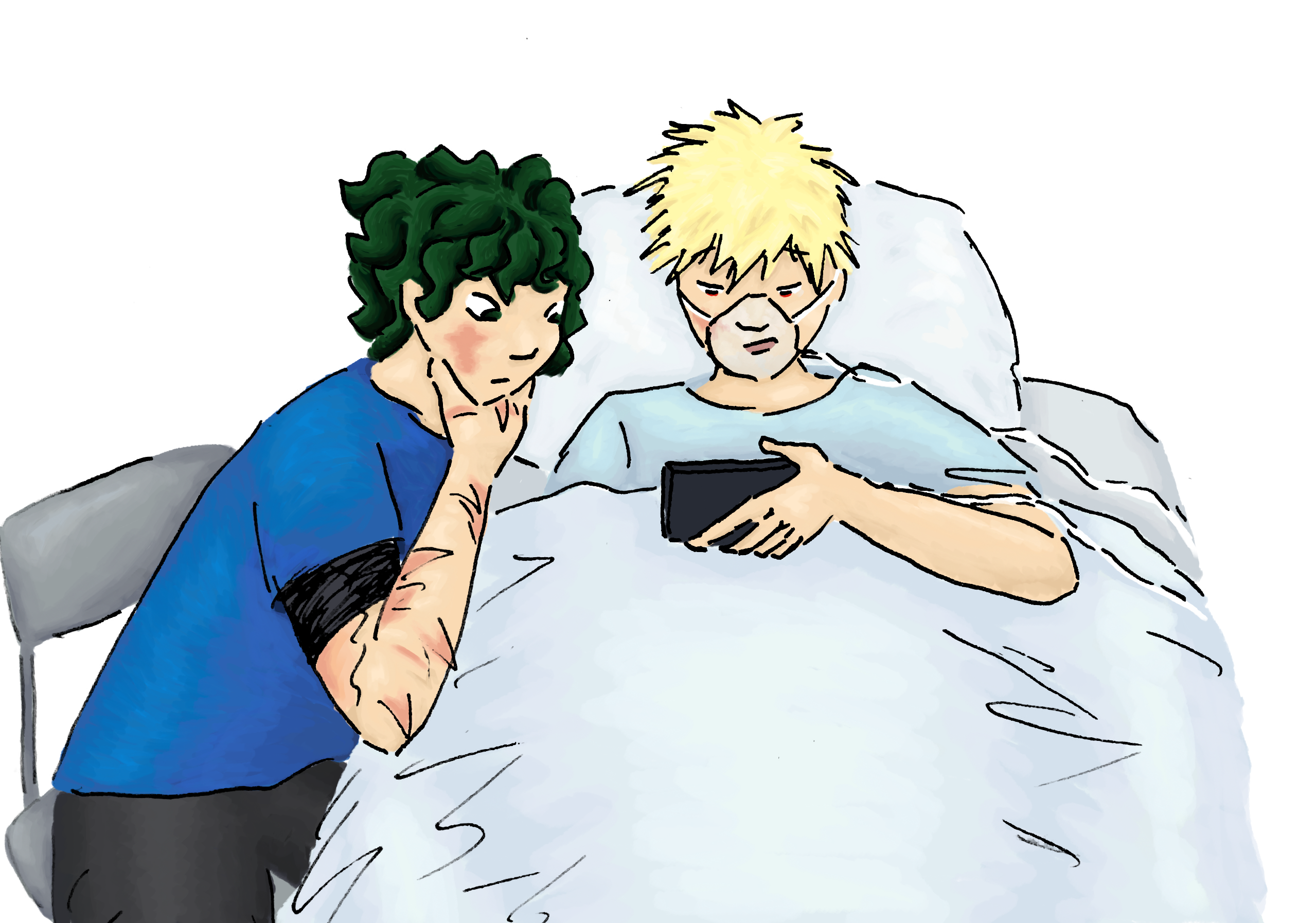 Bakugou is in a hospital bed, holding up his phone. Deku sits nearby, leaning over to see the screen.