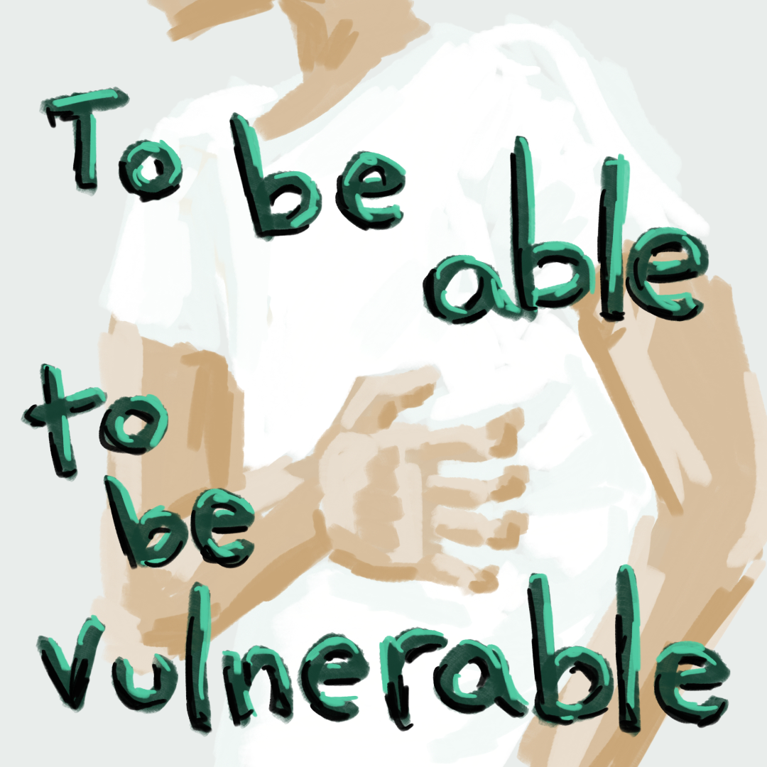 The next three images are a three panel comic. This panel is a closeup of All Might's side in small form. He's wearing a white shirt and clutching his side with one hand. His head is too tall to fit in the panel. The text is dark green and says, 'To be able to be vulnerable'