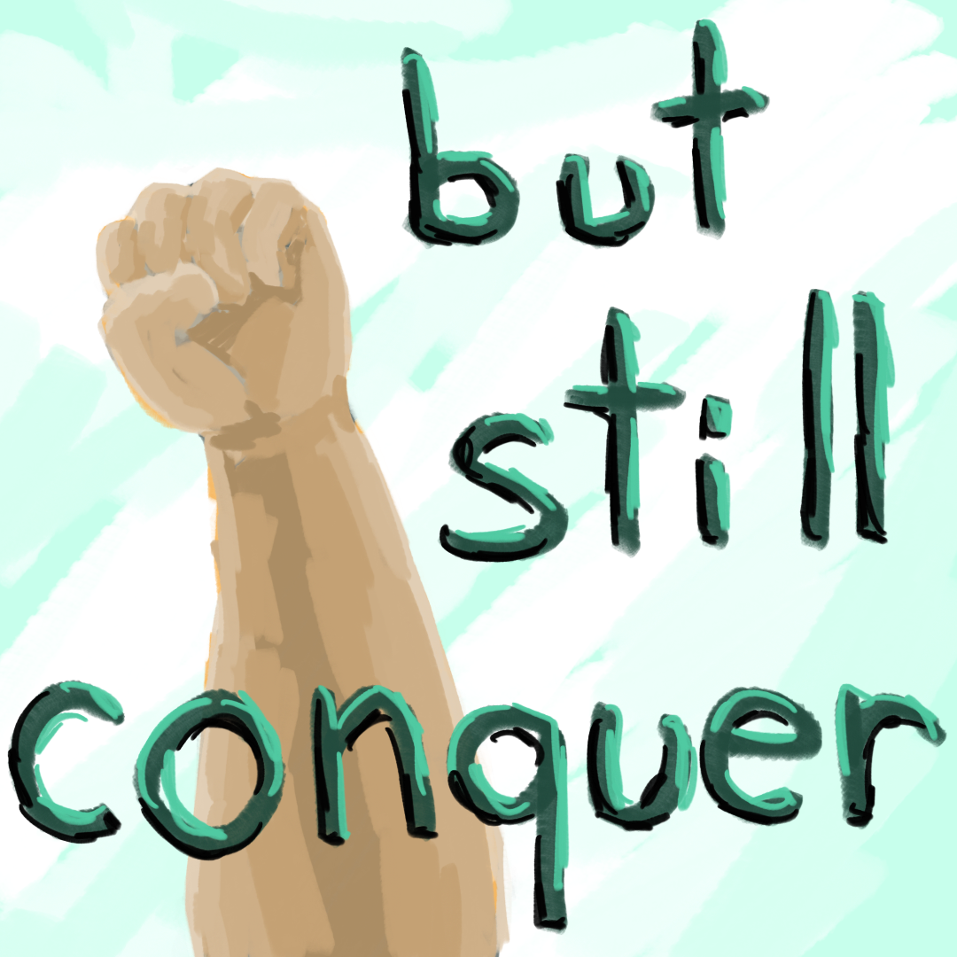 All Might's fist raised like it was at Kamino, against a pale sky. The dark green text continues, 'but still conquer'
