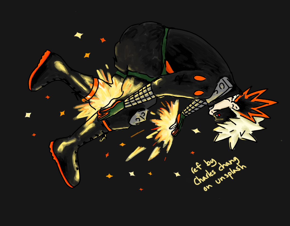 digital art of bakugou in his hero costume making explosions, flipping in the air. the ref for this art is on unsplash posted by charles chang