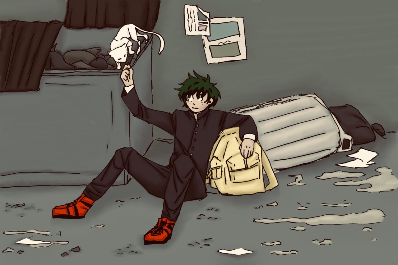 Midoriya sits on the ground next to a dumpster with one arm over his backpack. He's in his middle school uniform. One of his hand is reaching up toward a white cat standing on the dumpster. There's trash and paper and stuff all around him, and the background isn't very colorful.