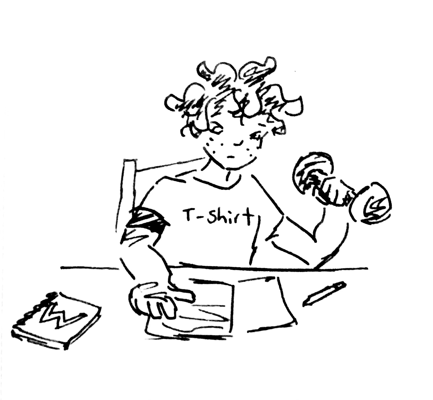 midoriya sits at a desk lifting a weight while he studies.'