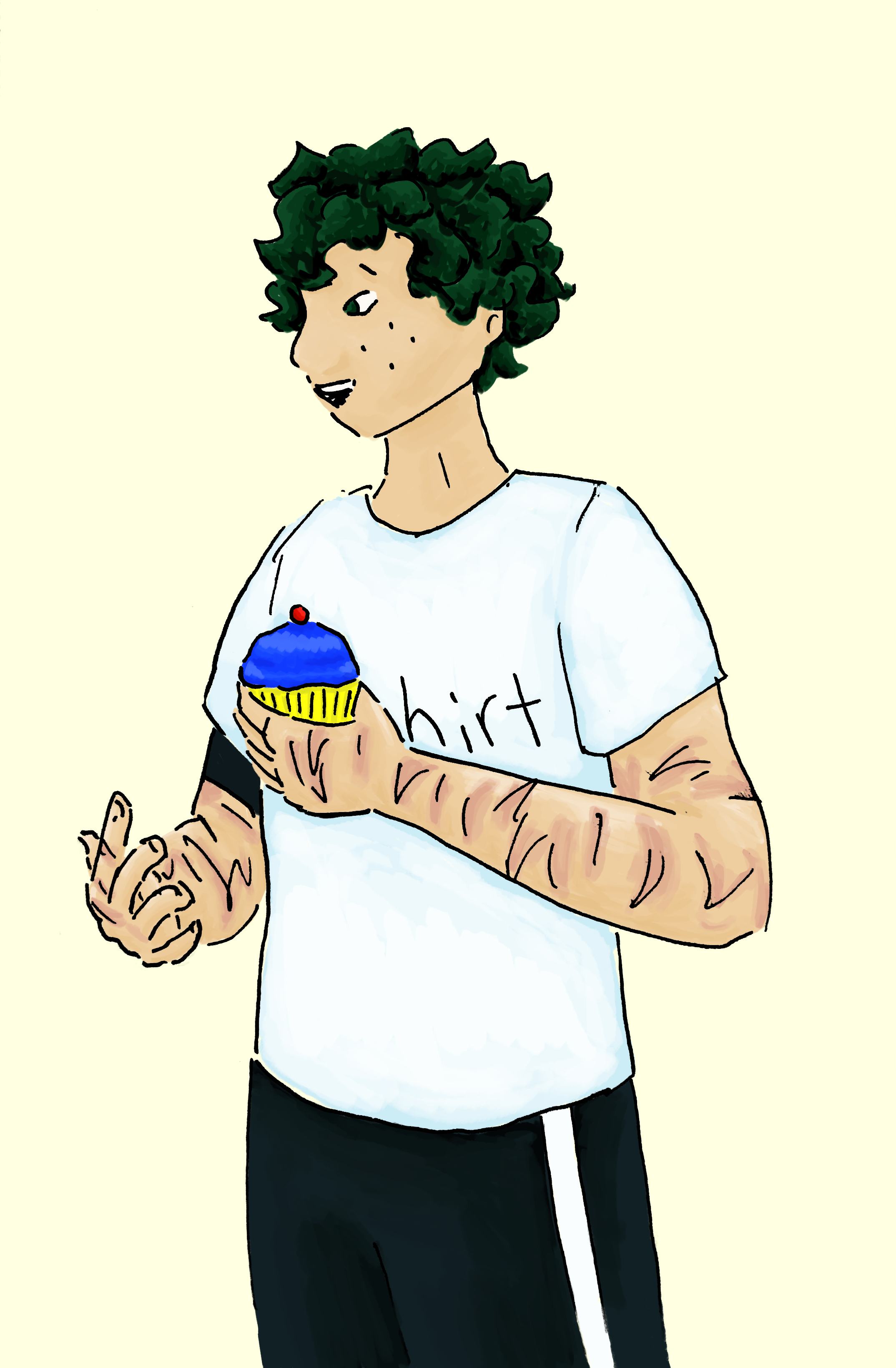 Deku standing holding a cupcake