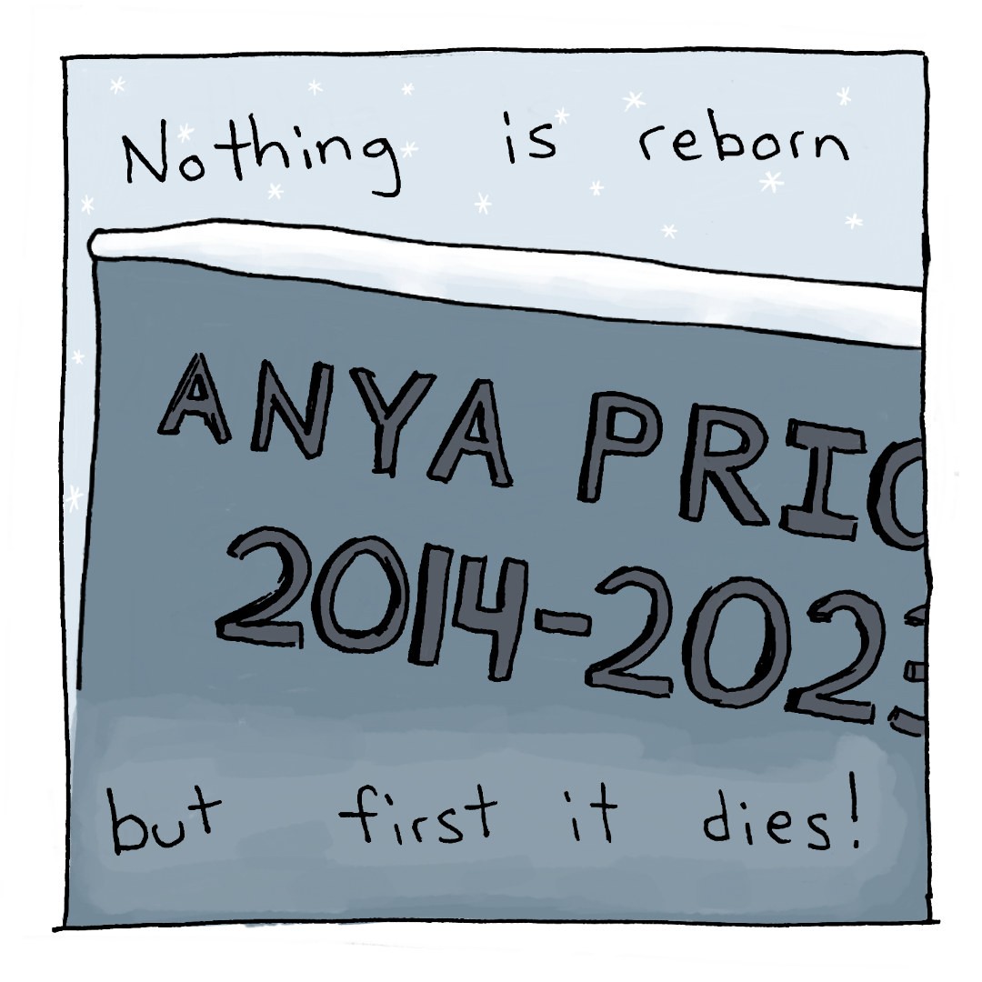 A close up of the gravestone which reads: Anya Price 2014-2023. The poem text reads: Nothing is reborn but first it dies!