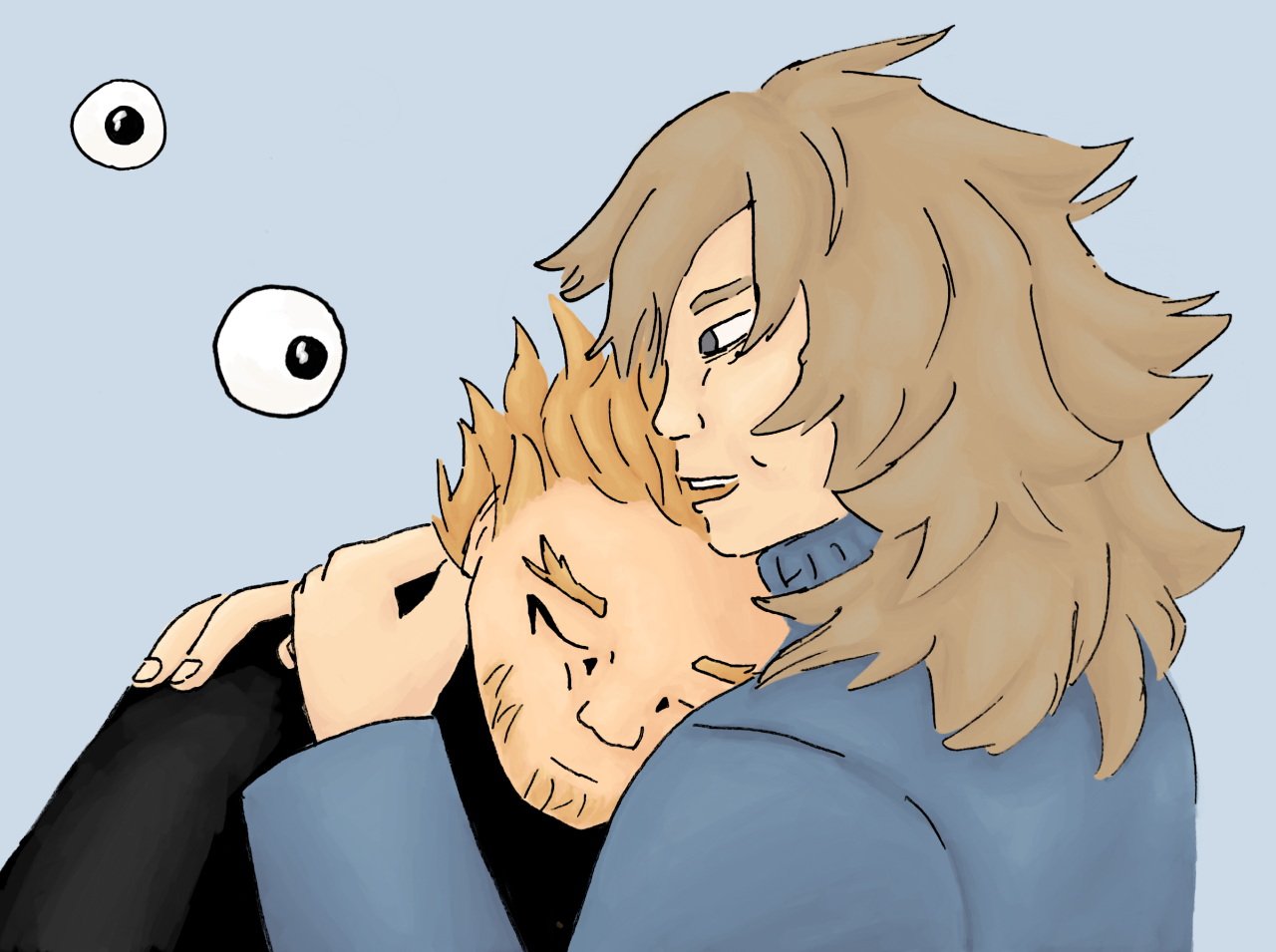 digital art: hawks mom is giving him a hug, only their heads and shoulders are visible. You can see Hawks’ Mom’s quirk in the background