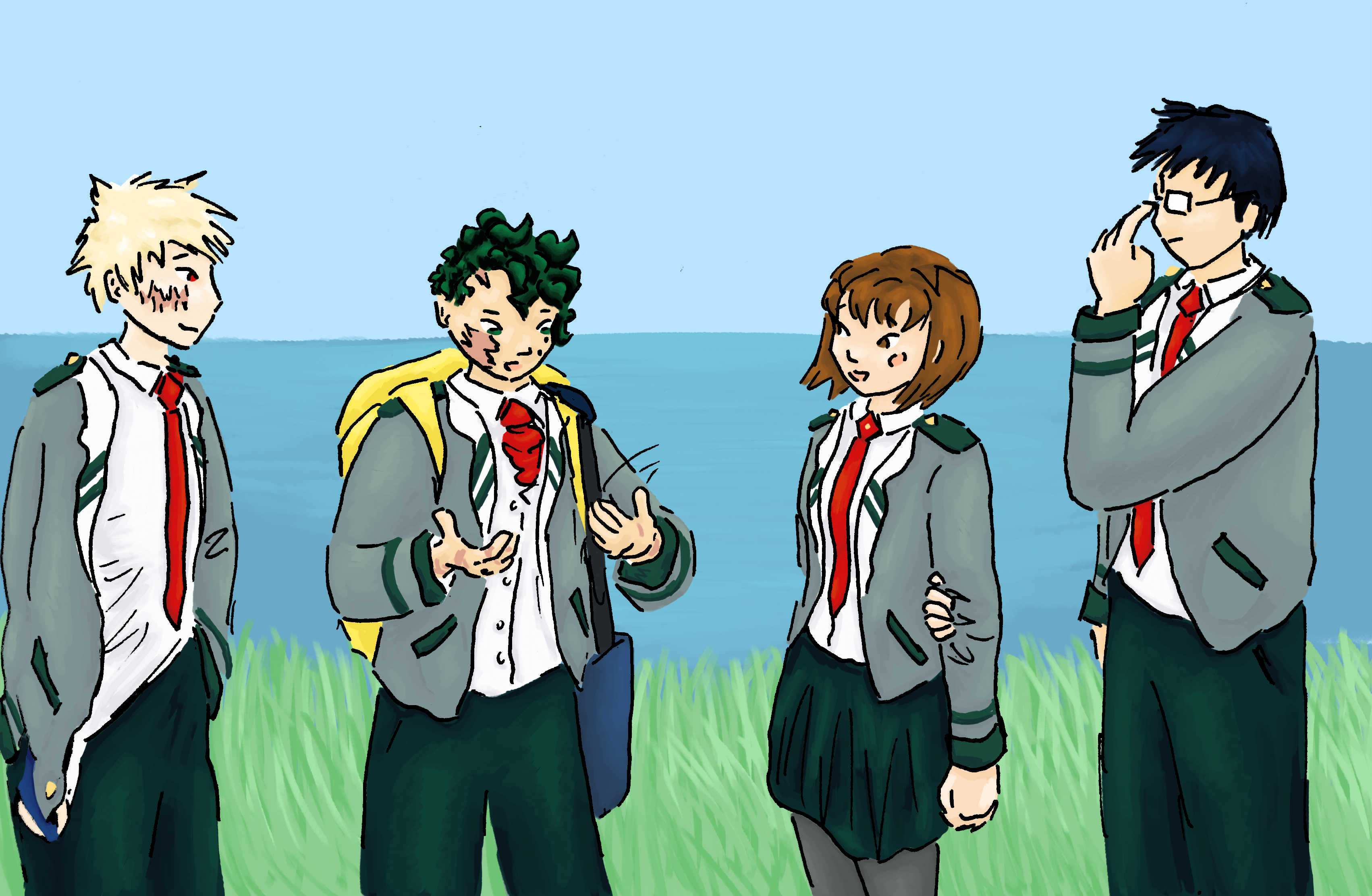 digital art: Deku stands by the ocean, gesturing and talking about something, while his friends listen. Deku is carrying Bakugou's bag.