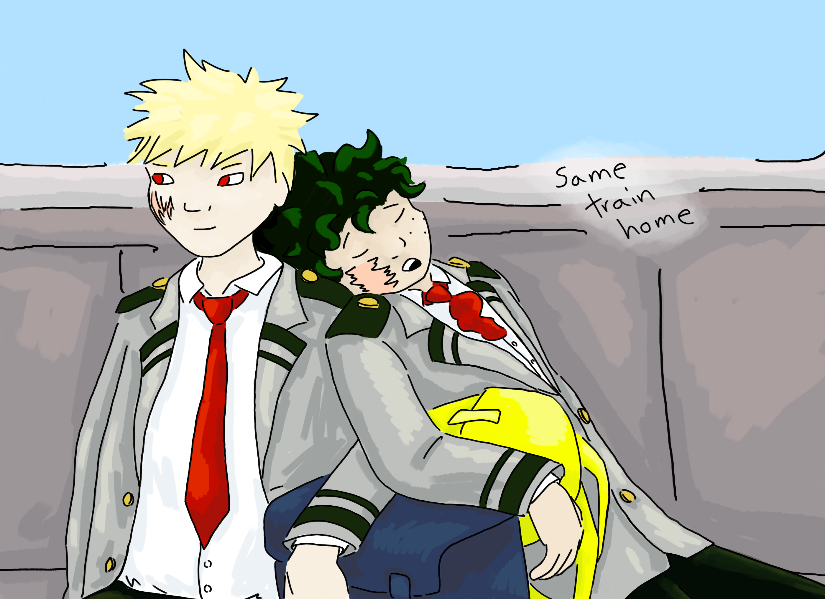 digital art of Midoriya and Bakugou riding the train home, and Midoriya is leaning on Bakugou's shoulder because he fell asleep