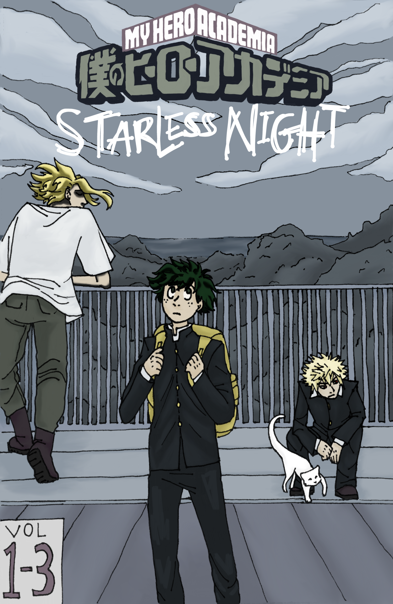 midoriya stands in the foreground holding the straps of his backpack. In the background on the left, all might is facing away, leaning over the railing and looking out at the trash covered beach. Bakugou is crouched in the right background and a white cat is near him. In the bottom left is a little box that says “vol. 1-3.” At the top is the regular bnha logo but the colors are super desaturated. In white scrachy font near it is the title “starless night.” The sky is grey and the trash and ocean are greyish and basically the whole world looks devoid of color, but it’s not actually a black and white picture.